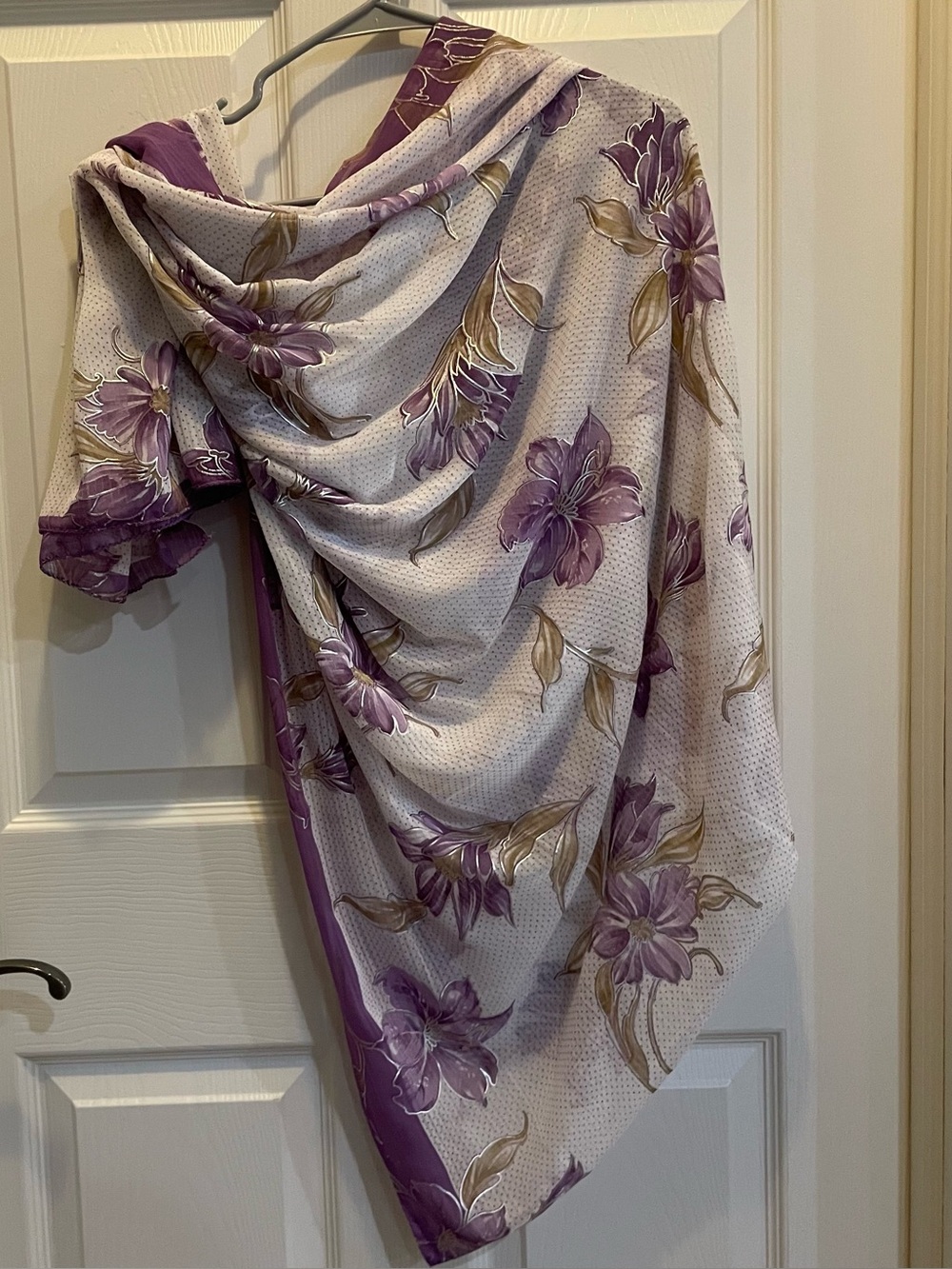 Oversized White with Purple Border Fashion Scarf or Sarong with Lilac Flowers
